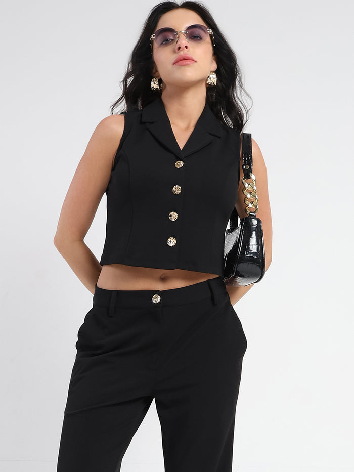 Madame Crop Top and Side Slit Trousers Knit Moss Black Co-ord Set