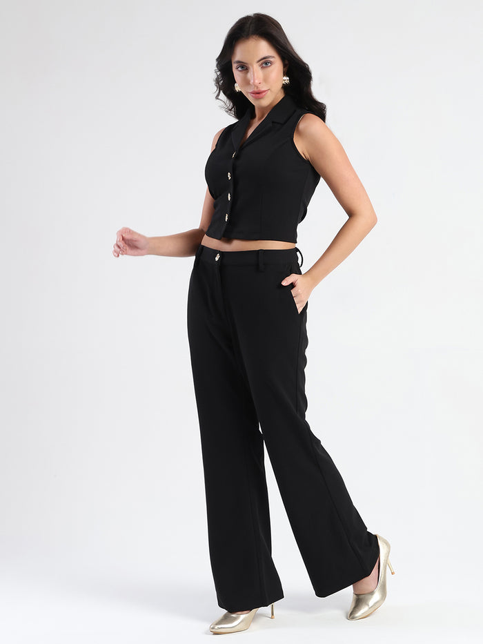 Madame Crop Top and Side Slit Trousers Knit Moss Black Co-ord Set