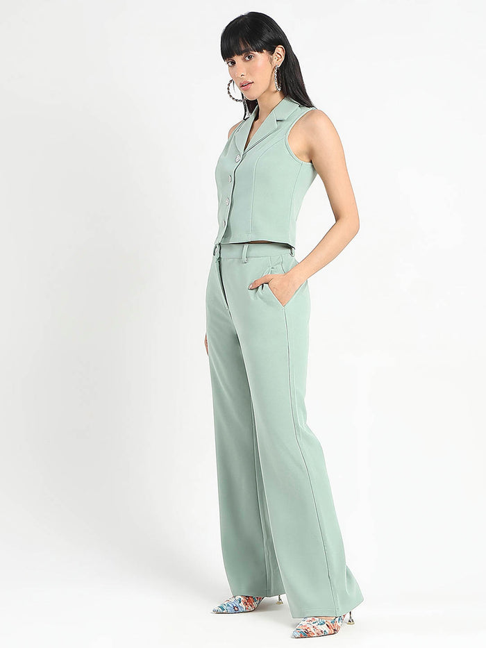 Madame Crop Top and Side Slit Trousers Knit Moss Olive Green Co-ord Set