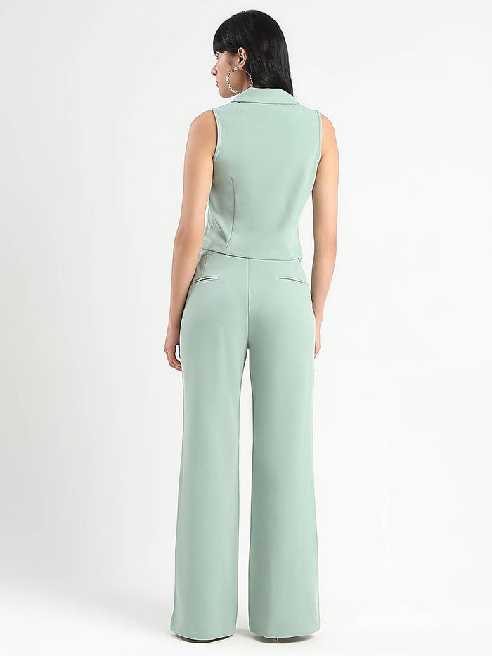 Madame Crop Top and Side Slit Trousers Knit Moss Olive Green Co-ord Set