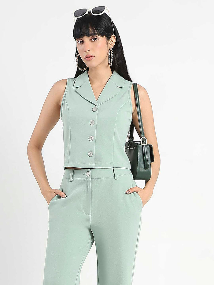 Madame Crop Top and Side Slit Trousers Knit Moss Olive Green Co-ord Set