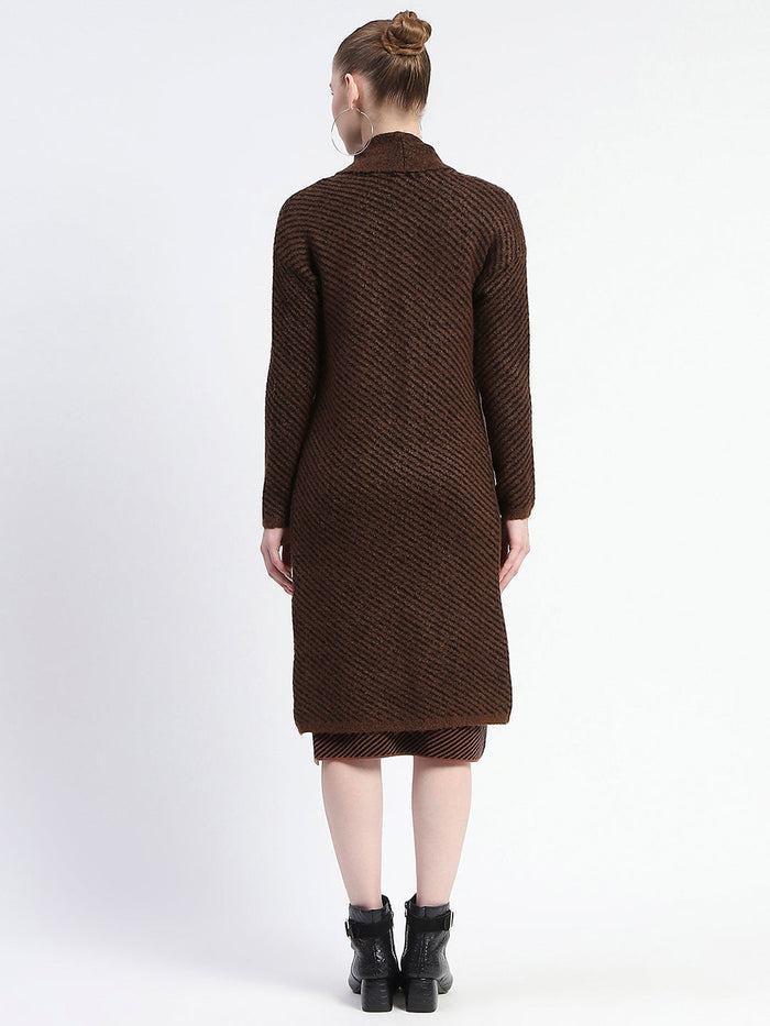 Madame Diagonal Stripe Brown Shrug And Midi Dress Co-Ord Set