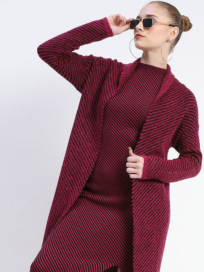 Madame Diagonal Stripe Magenta Shrug And Midi Dress Co-Ord Set