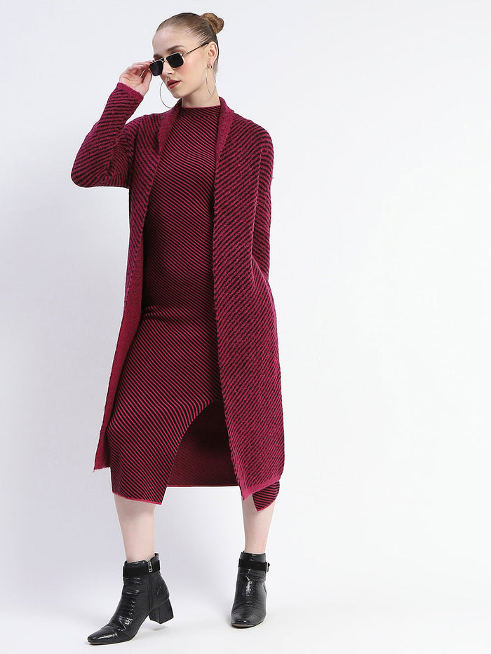 Madame Diagonal Stripe Magenta Shrug And Midi Dress Co-Ord Set