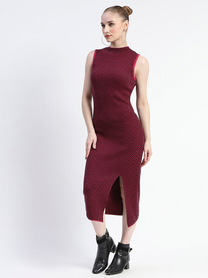 Madame Diagonal Stripe Magenta Shrug And Midi Dress Co-Ord Set
