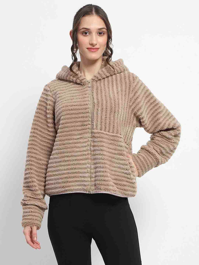 Madame Faux Fur Self Design Brown Sweatshirt