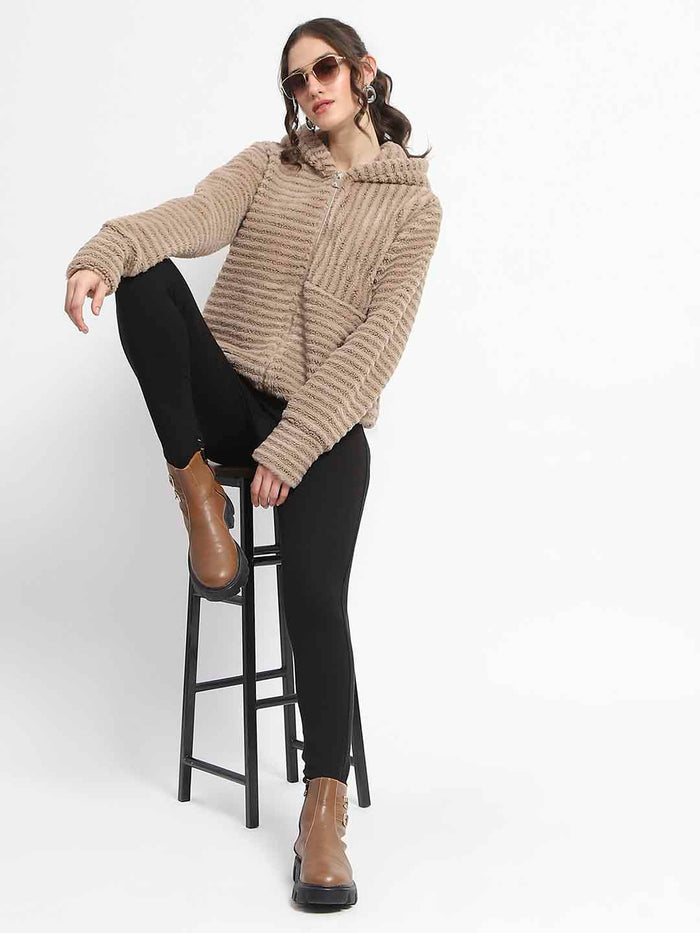 Madame Faux Fur Self Design Brown Sweatshirt