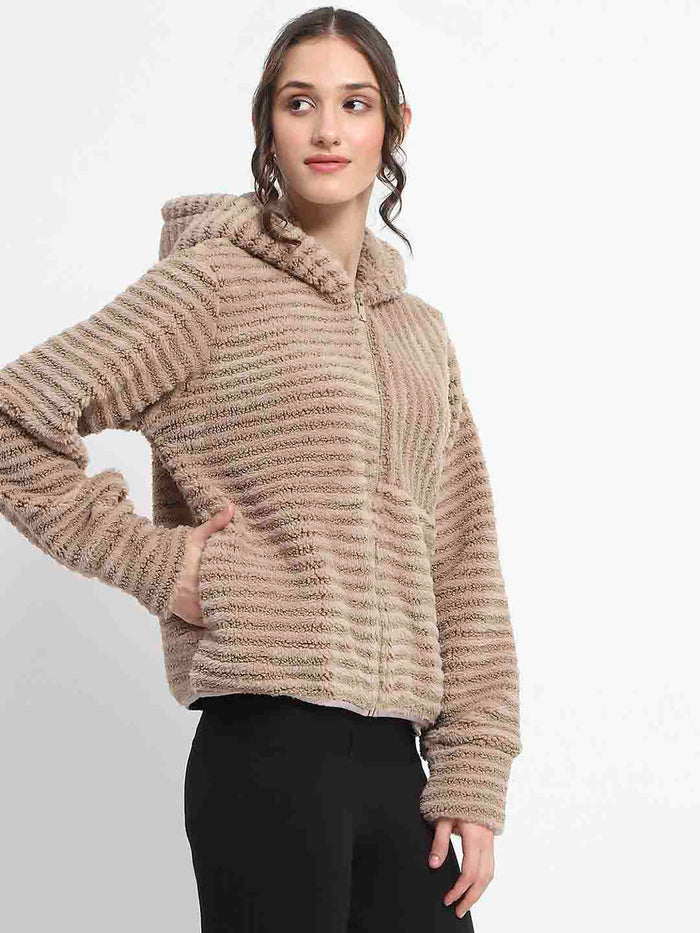Madame Faux Fur Self Design Brown Sweatshirt