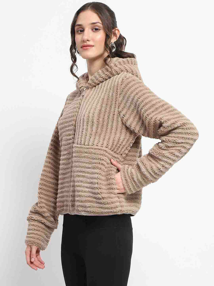 Madame Faux Fur Self Design Brown Sweatshirt