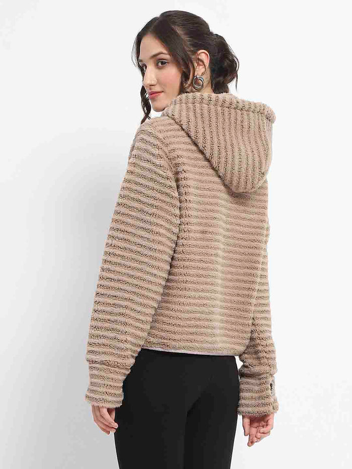 Madame Faux Fur Self Design Brown Sweatshirt