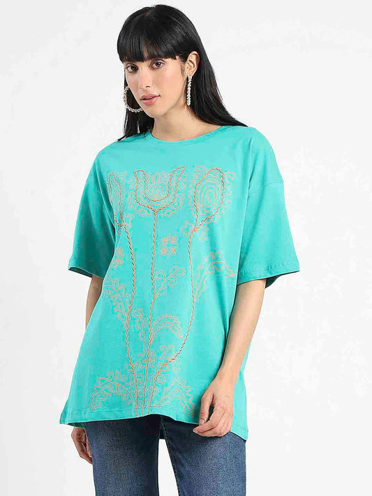 Madame Graphic Print Half Sleeve Peacock Green Cotton T-Shirt