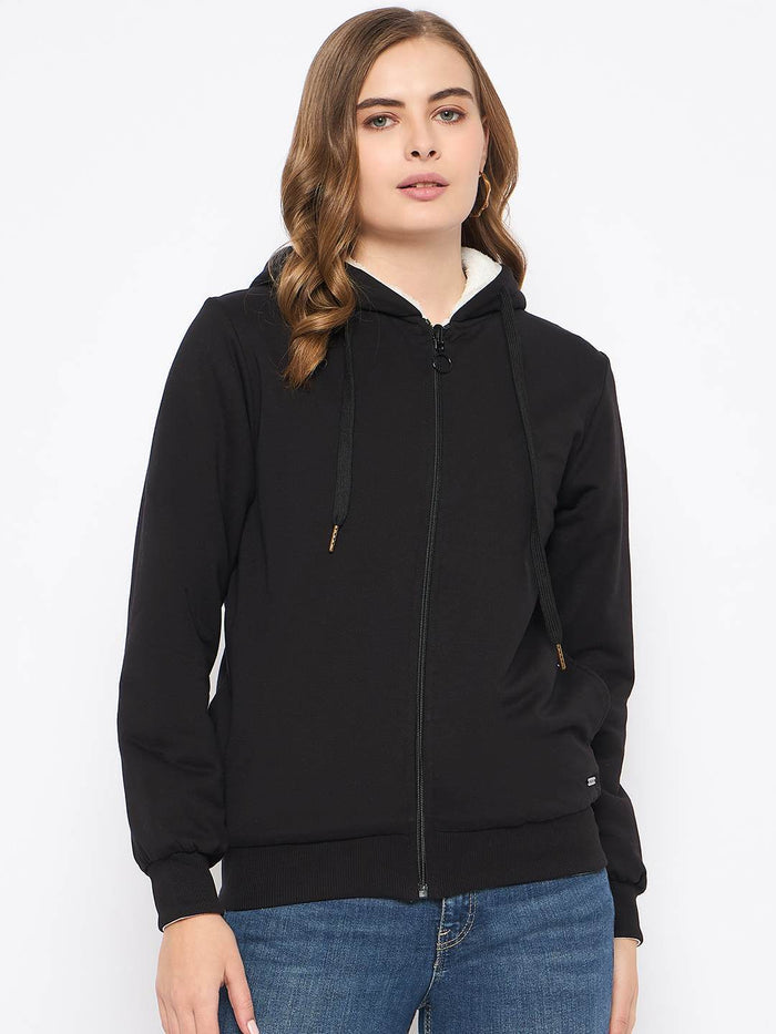 Madame Metal Detailed Zipper Black Hooded Sweatshirt