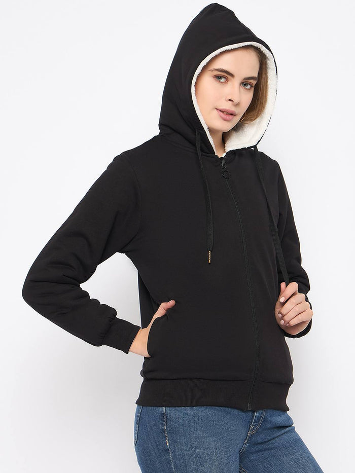 Madame Metal Detailed Zipper Black Hooded Sweatshirt