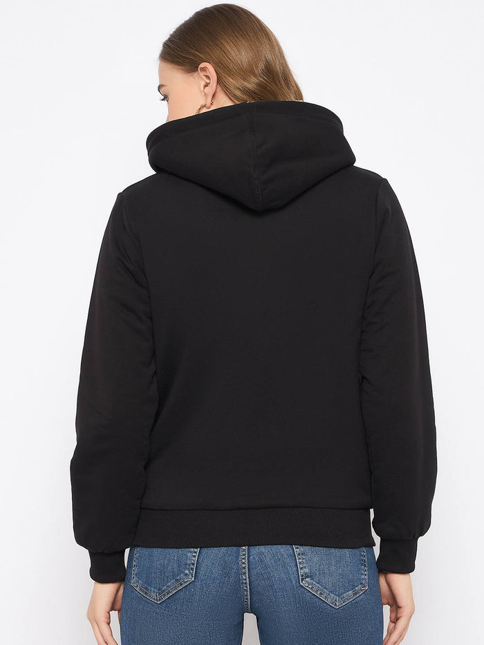 Madame Metal Detailed Zipper Black Hooded Sweatshirt