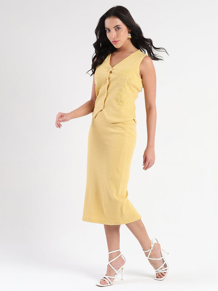 Madame Sleeveless Top and Skirt Striped Mustard Yellow Co-ord Set