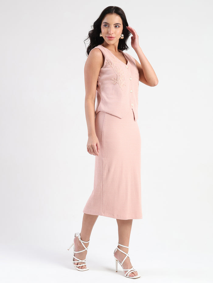 Madame Sleeveless Top and Skirt Striped Pink Co-ord Set
