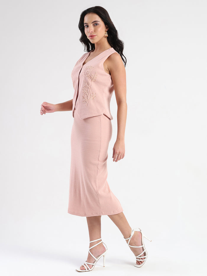 Madame Sleeveless Top and Skirt Striped Pink Co-ord Set