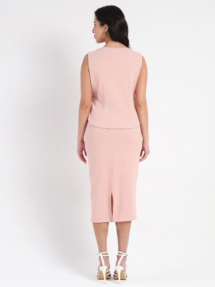 Madame Sleeveless Top and Skirt Striped Pink Co-ord Set