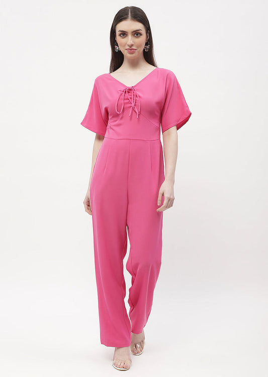 Madame Tie-Up Neck Hot Pink Trumpet Sleeve Jumpsuit