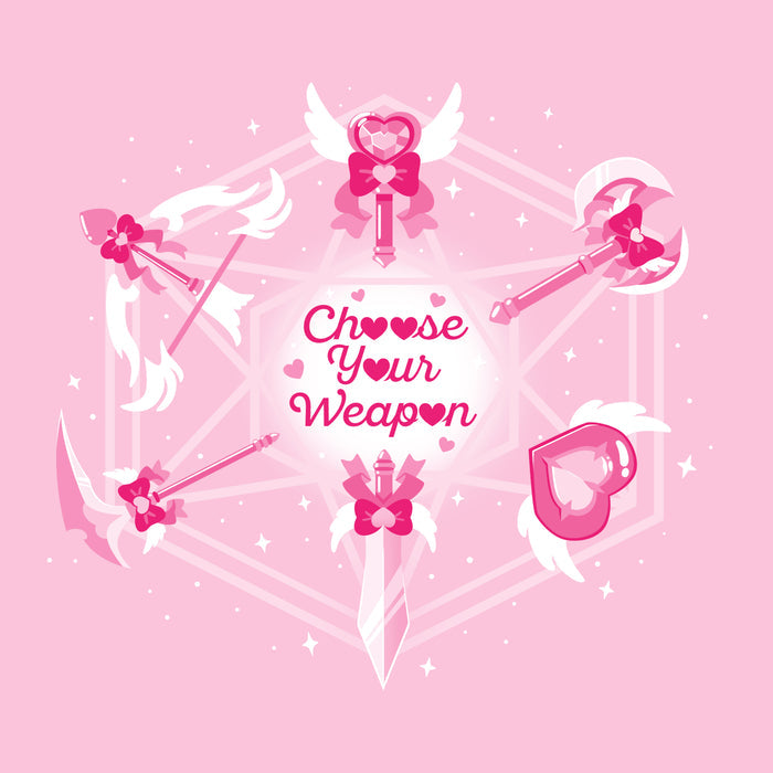 Premium Cotton T-shirt_TeeTurtle light pink Magical Weaponry apparel featuring a D20 with various magical weapons at the intersecting points with the caption, "Choose Your Weapon" in the center.