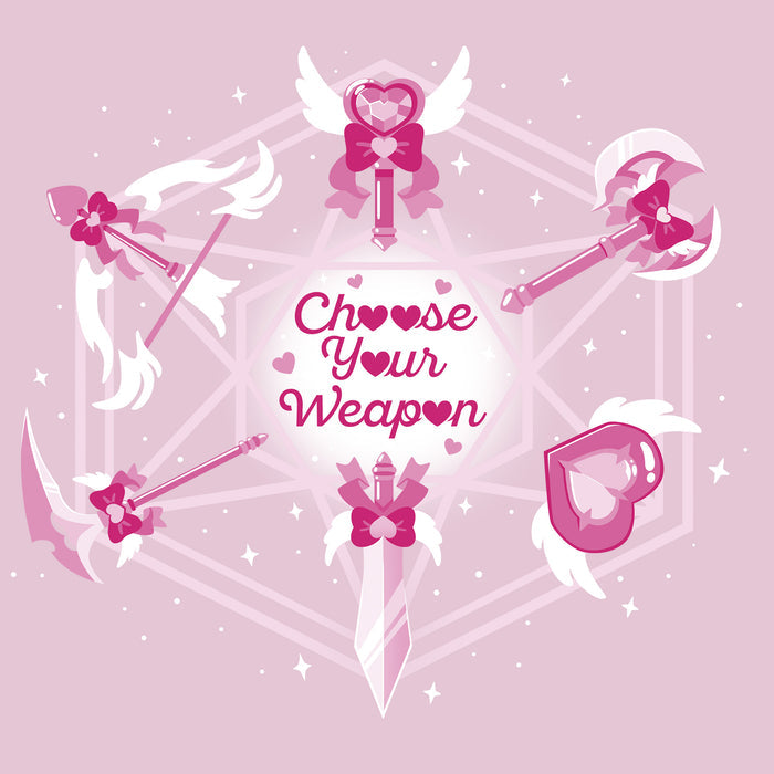 Classic Cotton T-shirt_TeeTurtle light pink Magical Weaponry apparel featuring a D20 with various magical weapons at the intersecting points with the caption, "Choose Your Weapon" in the center.