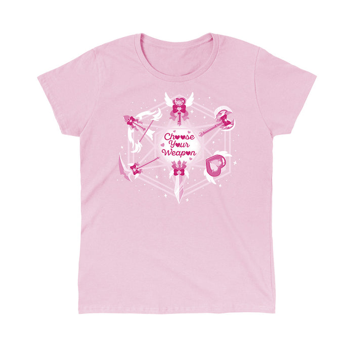 Classic Cotton T-shirt_TeeTurtle light pink Magical Weaponry apparel featuring a D20 with various magical weapons at the intersecting points with the caption, "Choose Your Weapon" in the center.