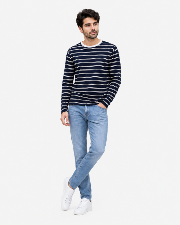 Men's Navy Blue Striped Terry Crew Neck Full Sleeve T-Shirt