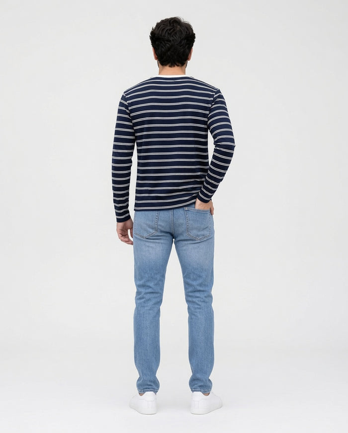 Men's Navy Blue Striped Terry Crew Neck Full Sleeve T-Shirt