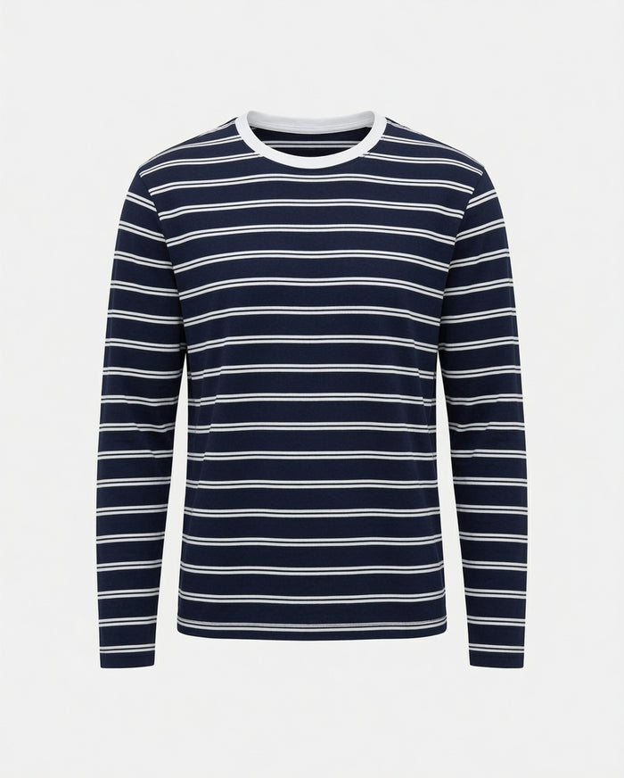 Men's Navy Blue Striped Terry Crew Neck Full Sleeve T-Shirt