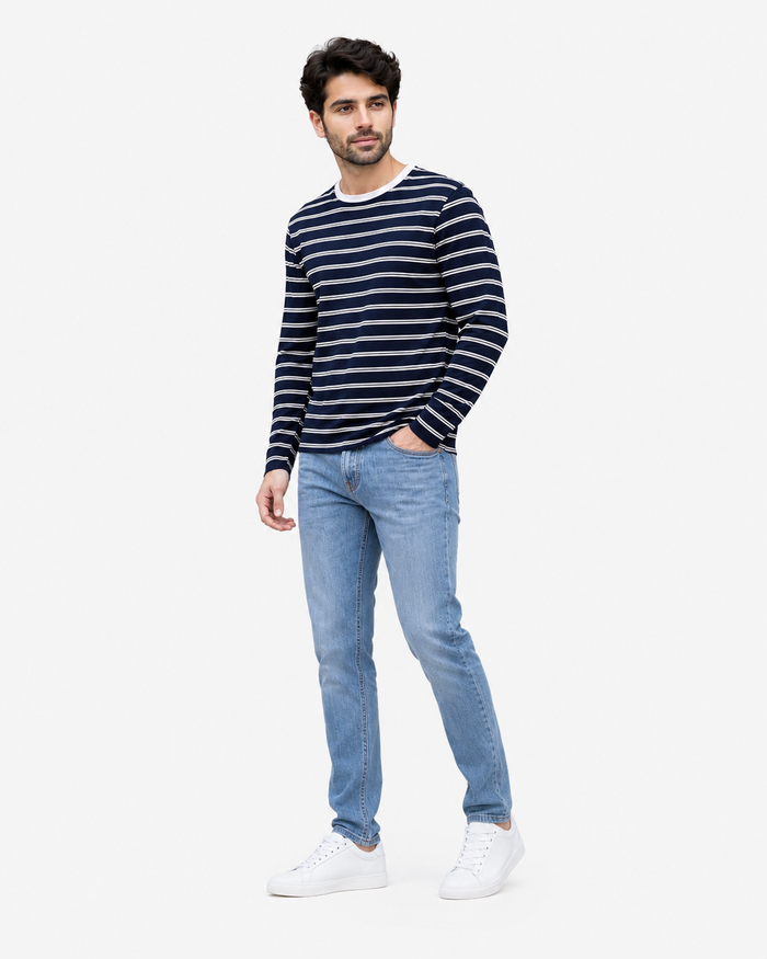 Men's Navy Blue Striped Terry Crew Neck Full Sleeve T-Shirt