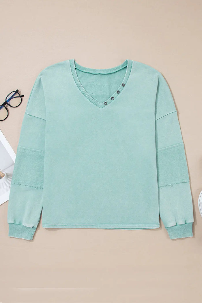 Mineral Wash Exposed Seam Buttoned V-Neck Pullover Top - Tops/Long Sleeve Tops
