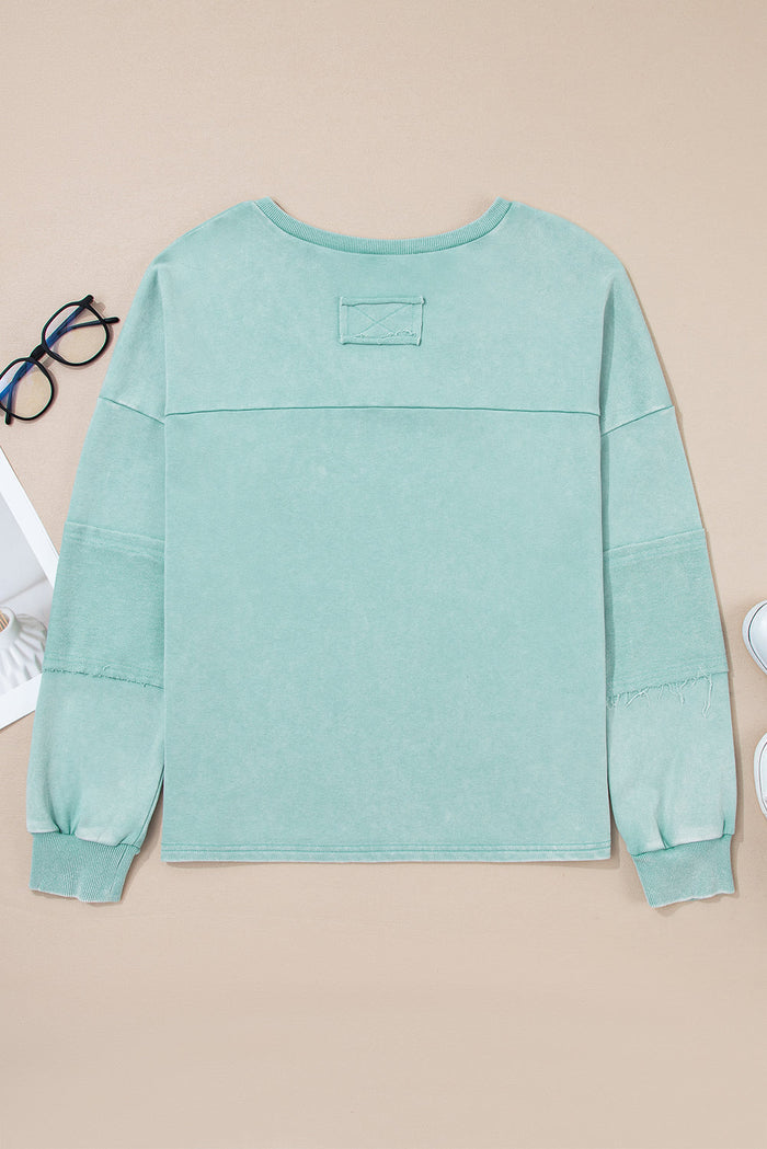 Mineral Wash Exposed Seam Buttoned V-Neck Pullover Top - Tops/Long Sleeve Tops