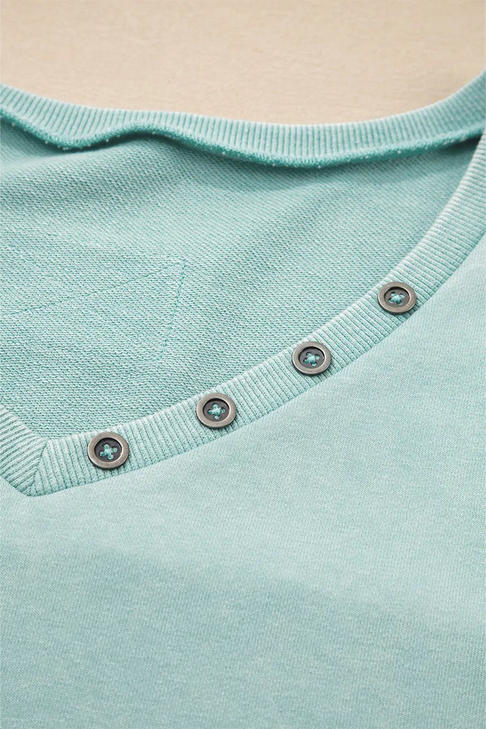 Mineral Wash Exposed Seam Buttoned V-Neck Pullover Top - Tops/Long Sleeve Tops