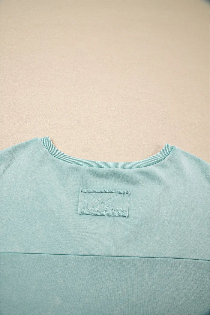 Mineral Wash Exposed Seam Buttoned V-Neck Pullover Top - Tops/Long Sleeve Tops