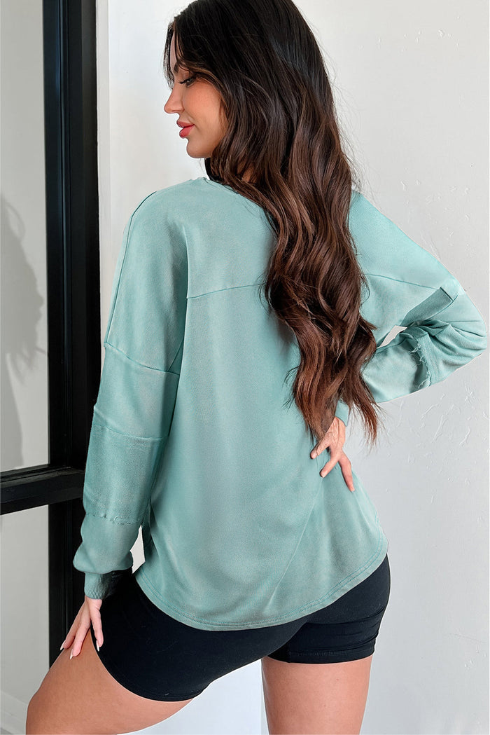 Mineral Wash Exposed Seam Buttoned V-Neck Pullover Top - Tops/Long Sleeve Tops