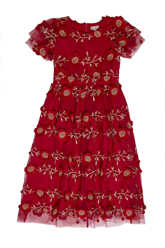 The Mini Athena Dress in Red by Ivy City Co is a short-sleeved, knee-length holiday dress adorned with layered tulle and delicate floral embroidery in shades of red, white, and gold. Featuring a fitted waist and intricate flower patterns throughout, this dress is a charming option for festive occasions or as a coordinating mommy and me outfit.