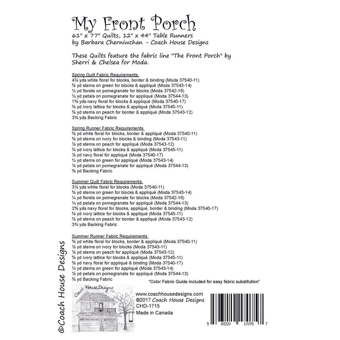 This page contains information about a lap quilt sewing pattern titled 'My Front Porch' by Coach House Designs. It includes specifications and yardage requirements from the fabric collection 'The Front Porch' by Sherri & Chelsi for Moda.