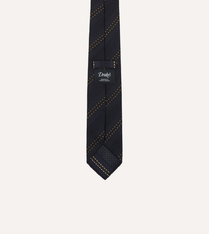 Navy and Brown Stitch Stripe Hand Rolled Silk Grenadine Tie
