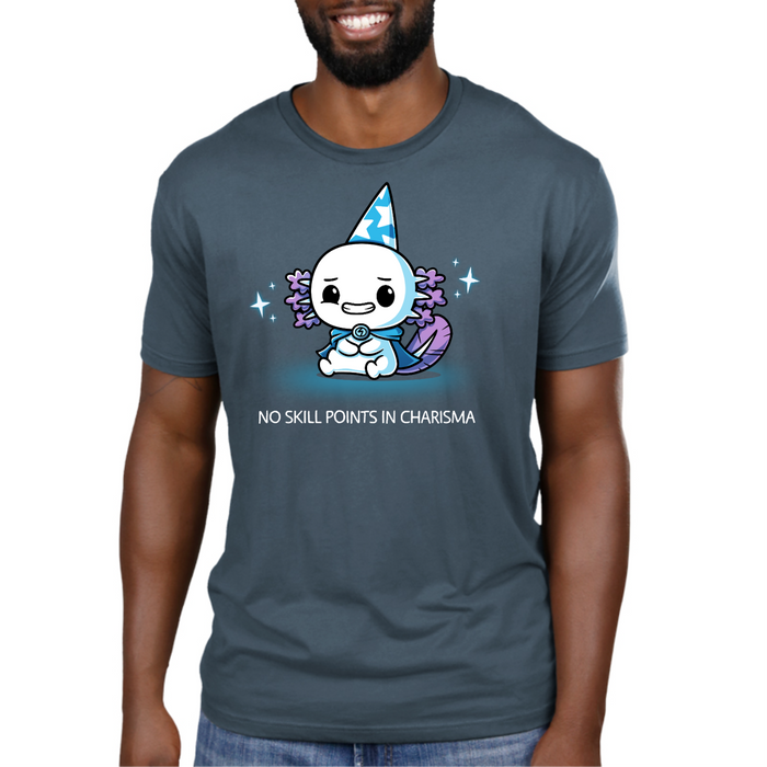 Premium Cotton T-shirt_TeeTurtle denim blue No Skill Points in Charisma Premium Cotton T-shirt featuring an awkward axolotl wizard who is smiling tensely, surrounded by sparkles, with the title text below it