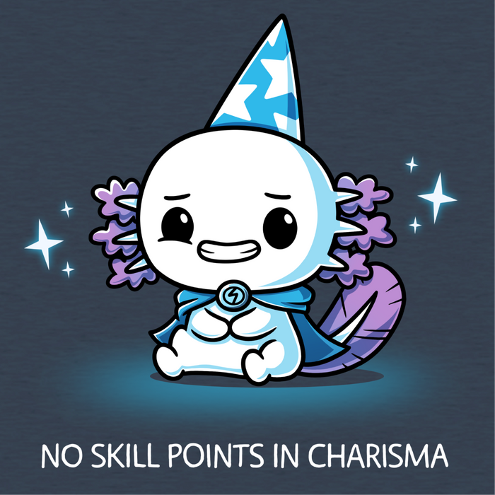 Classic Cotton T-shirt_TeeTurtle heather navy blue No Skill Points in Charisma Classic Cotton T-shirt featuring an awkward axolotl wizard who is smiling tensely, surrounded by sparkles, with the title text below it