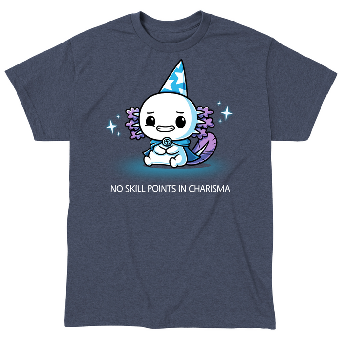 Classic Cotton T-shirt_TeeTurtle heather navy blue No Skill Points in Charisma Classic Cotton T-shirt featuring an awkward axolotl wizard who is smiling tensely, surrounded by sparkles, with the title text below it