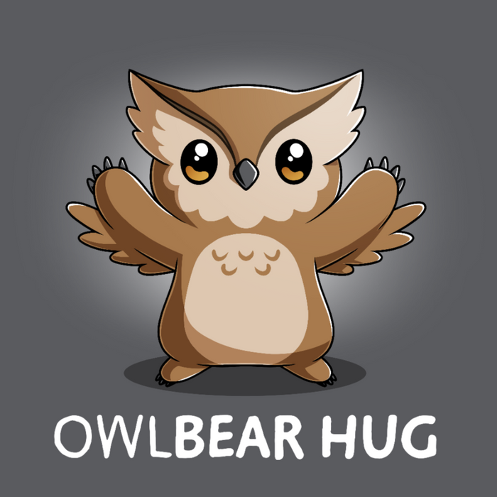Premium Cotton T-shirt_TeeTurtle charcoal gray Premium Cotton T-shirt featuring the words "owlbear hug" under a cute owlbear with open arms.