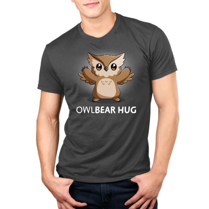 Premium Cotton T-shirt_TeeTurtle charcoal gray Premium Cotton T-shirt featuring the words "owlbear hug" under a cute owlbear with open arms.