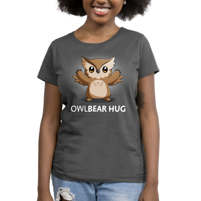 Premium Cotton T-shirt_TeeTurtle charcoal gray Premium Cotton T-shirt featuring the words "owlbear hug" under a cute owlbear with open arms.