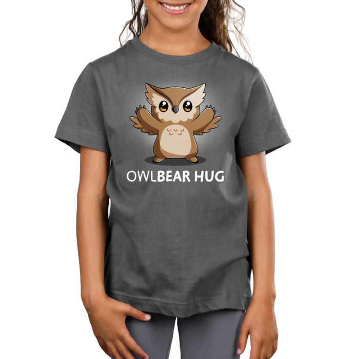 Premium Cotton T-shirt_TeeTurtle charcoal gray Premium Cotton T-shirt featuring the words "owlbear hug" under a cute owlbear with open arms.