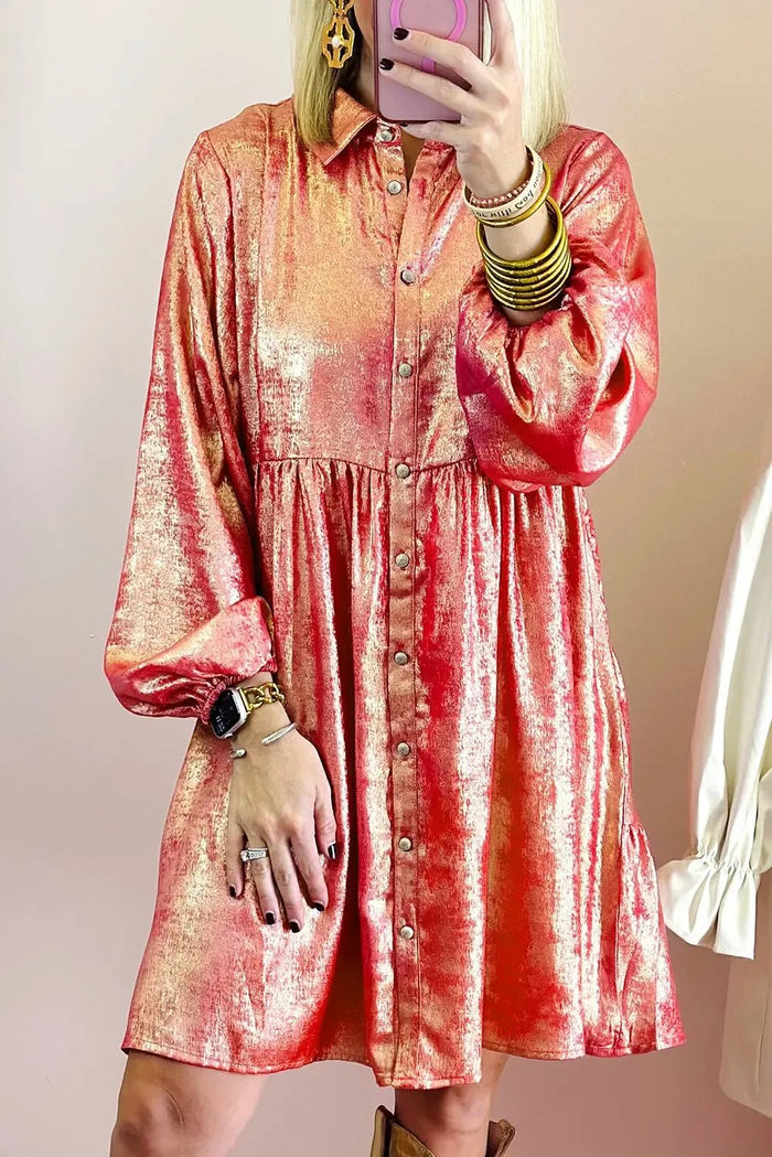 Peach Blossom Metallic Sheen Puff Sleeve Button Up Mini Shirt Dress - PEACH BLOSSOM / S / 100% POLYESTER - Dresses/Mini
