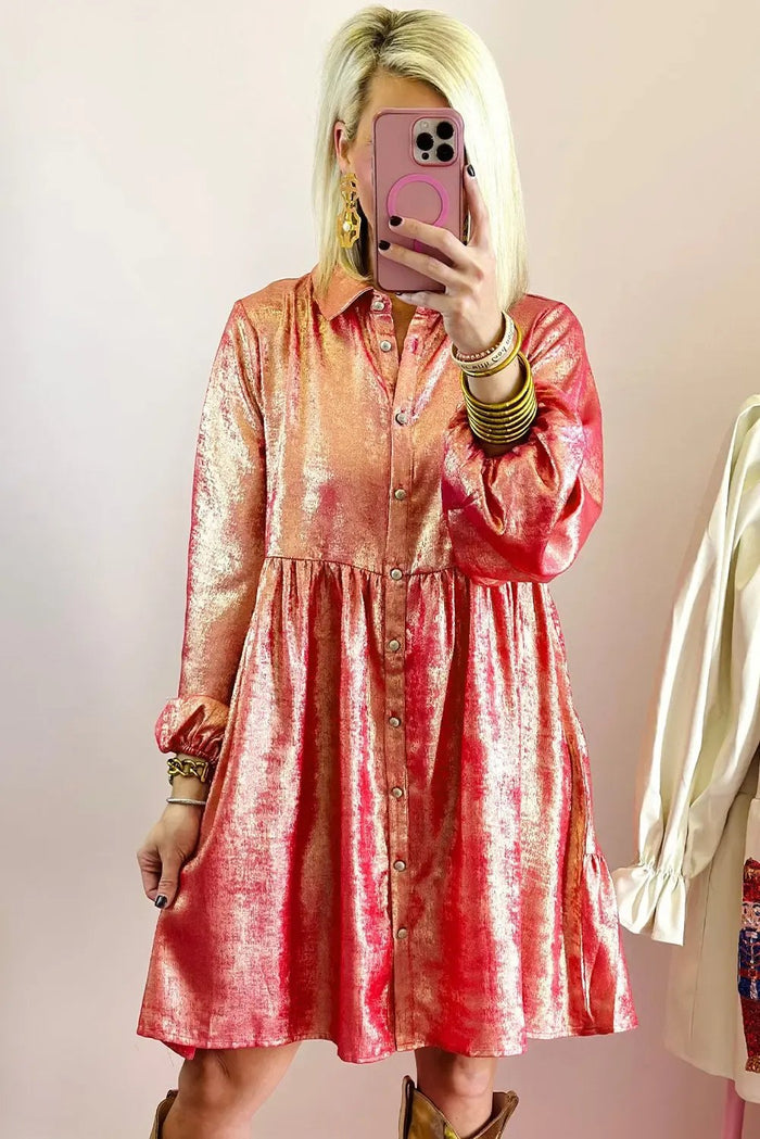 Peach Blossom Metallic Sheen Puff Sleeve Button Up Mini Shirt Dress - Dresses/Mini Dresses