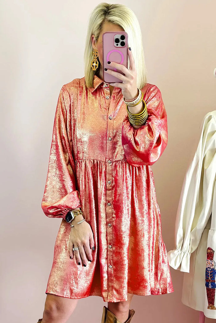Peach Blossom Metallic Sheen Puff Sleeve Button Up Mini Shirt Dress - Dresses/Mini Dresses