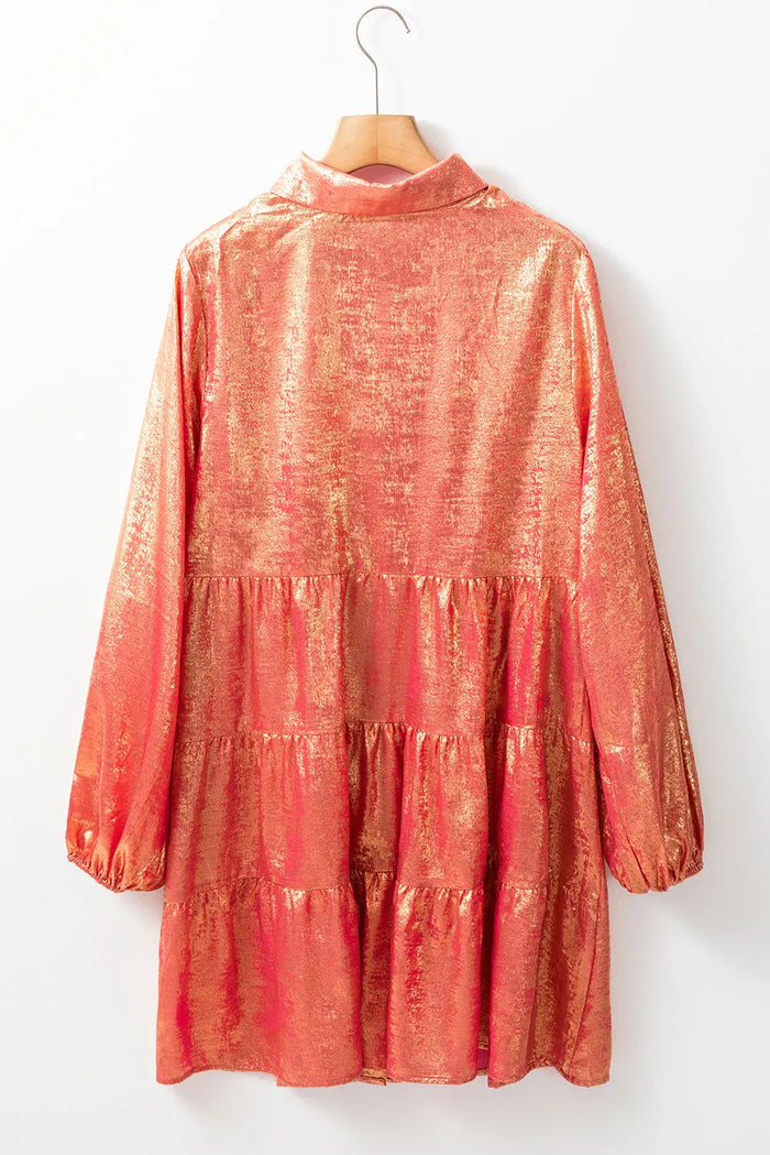 Peach Blossom Metallic Sheen Puff Sleeve Button Up Mini Shirt Dress - Dresses/Mini Dresses