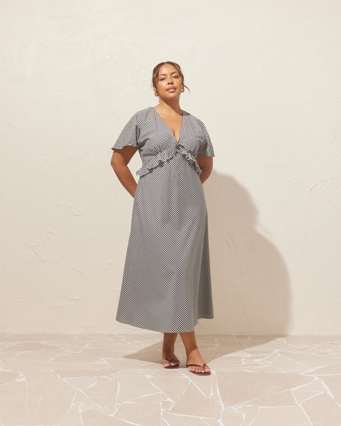 PETAL RUFFLE MIDI DRESS BLACK GINGHAM